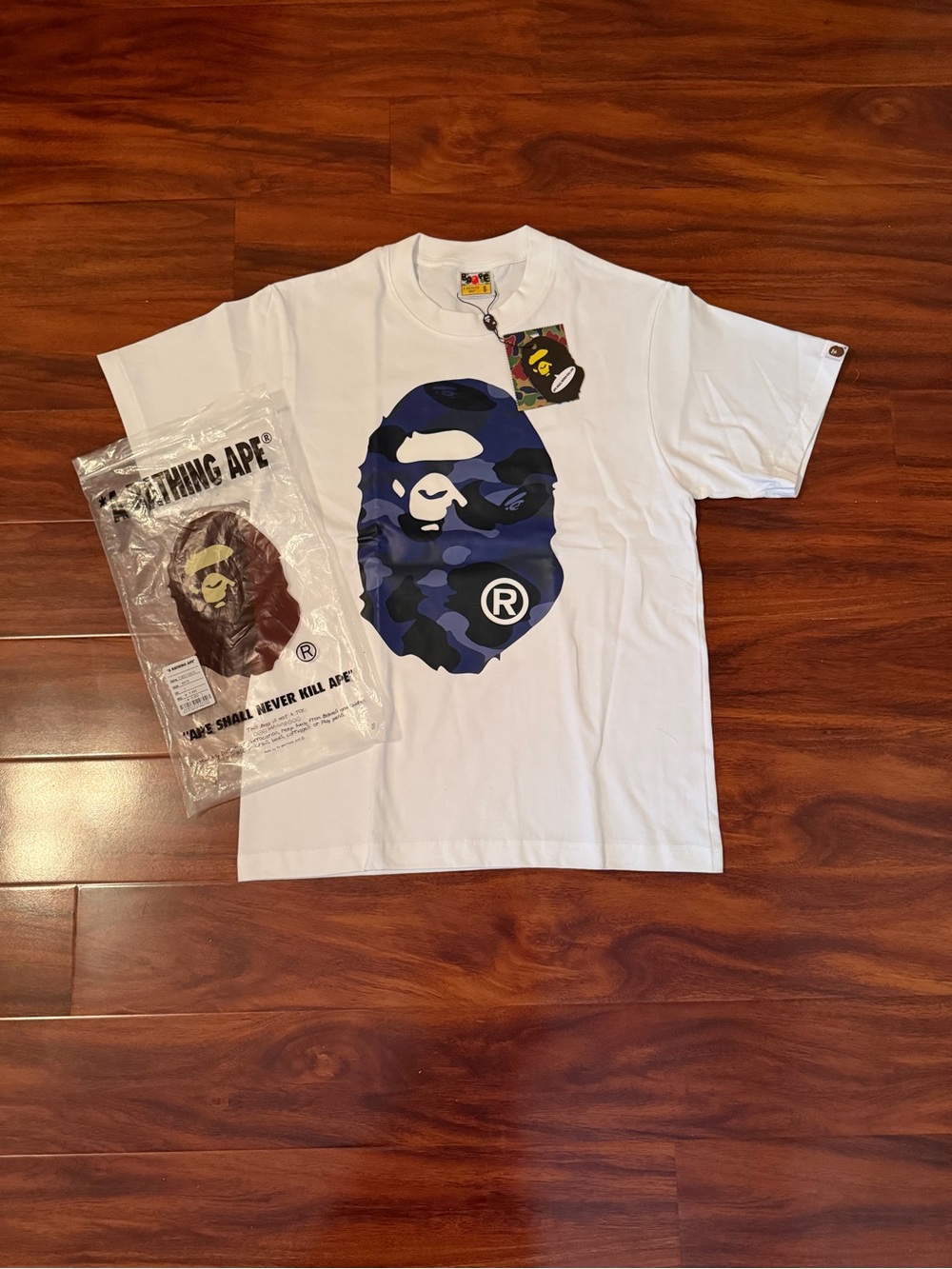 Bape White Tee with Blue Camo Ape Head